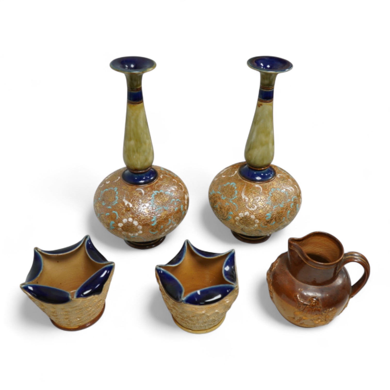 A pair of Royal Doulton Slater’s patent vases, 26cm high and pots and a jug together with a collection of miniature stoneware pots jugs and a pair of peppers